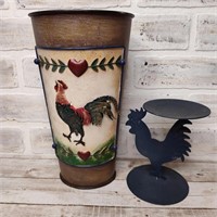 E1) METAL ROOSTER VASE AND CANDLE HOLDER