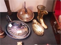 Brass quail and shoe and two carnival glass hens