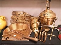 Seven brass items including incense burner;