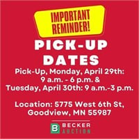 Pick-Up, Monday, April 29th: 9 a.m. - 6 p.m. & Tue