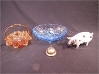 Ceramic pig, 10" long; brass desk bell; Fenton