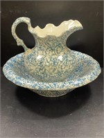 Vintage Blue & White Spongeware Wash Basin & Pitch