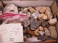 Container of geodes, fossils, turquoise and more