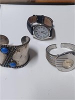 Silvertone Cuff Bracelet and Two Watches