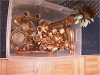 Container of brass candlesticks and more