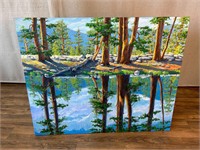 Signed Oil Painting Trees on Lakeshore