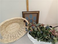 Wicker basket, floral flowers & picture frame