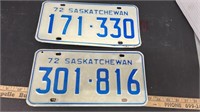 Two 1972 Saskatchewan License Plates.