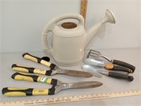 Gardening tools, watering can & hedge trimmers