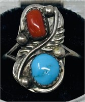 Vintage Hopi Sterling Turquoise&Coral Ring Signed