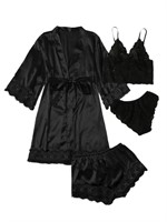 WDIRARA Women' Silk Satin Pajamas Set 4pcs Lingeri