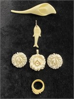 Carved Rose Pendant & Clip Earrings & More