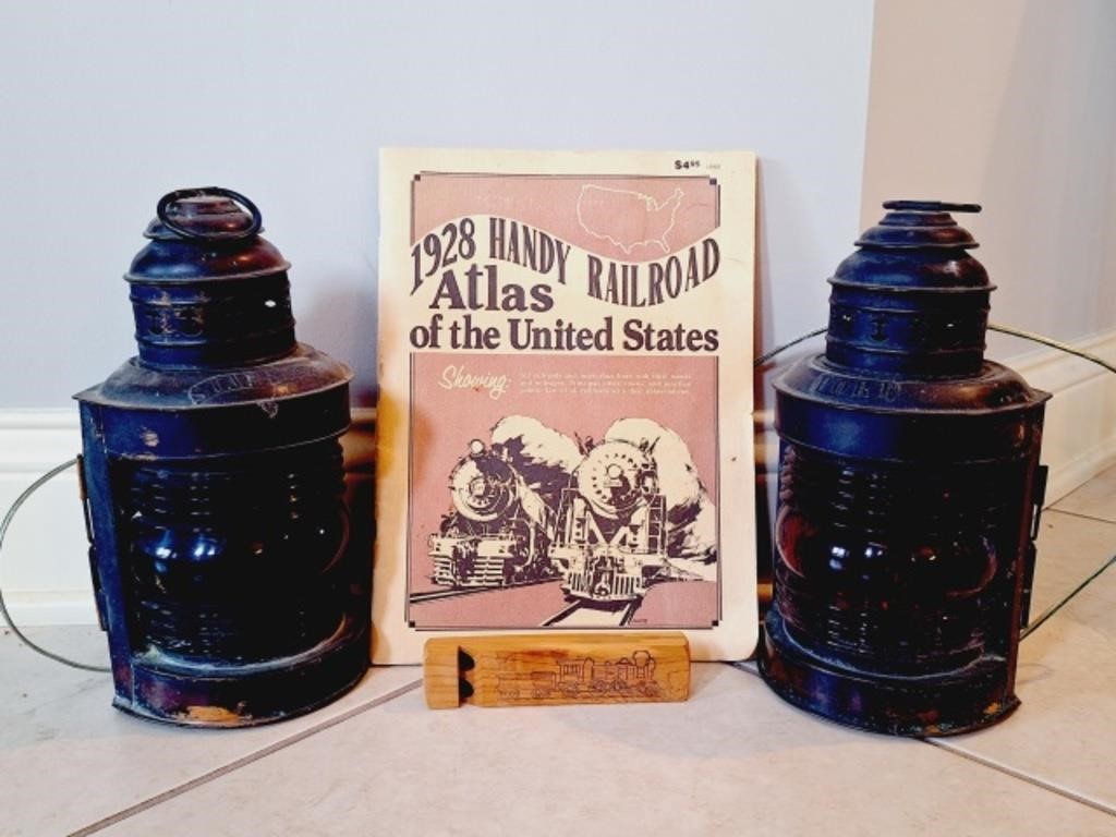 2 Antique Railroad Lanterns, Whistle & 1928 Atlas