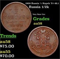 1909 Russia 1/2 Kopek Y# 48.1 Grades Choice AU/BU