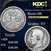 1896 Russia 50 Kopeks Silver Y# 58.1 Grades f+