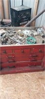 Large wooden tool box and contents