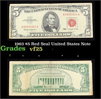 1963 $5 Red Seal United States Note Grades vf+