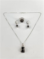 Beautiful vintage silver jewelry set with onyx and