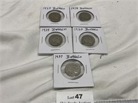 1927, 1928, 1929, 1930, 1937 Old Buffalo Nickels