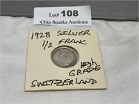 Silver 1928 Switzerland 1/2 Franc, High Grade Coin