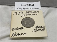 Silver 1938 10 Franc France Coin, High Grade