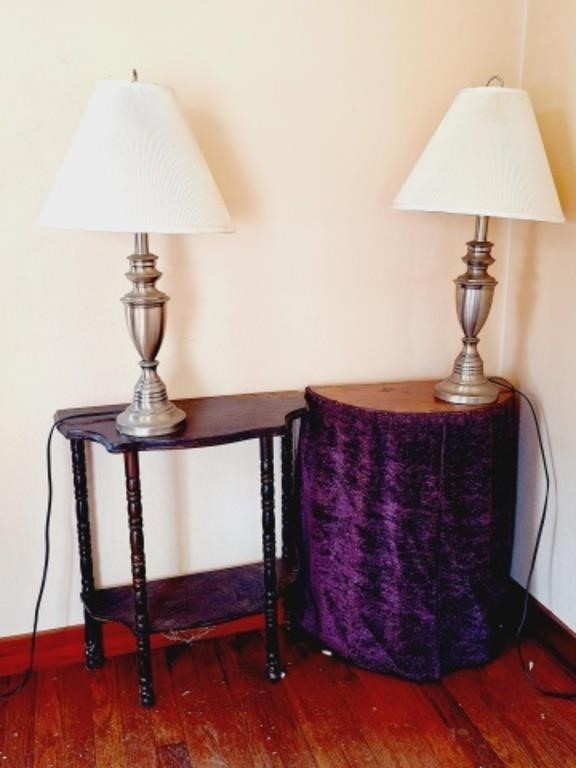 2 Vintage Half Tables, Pair of Lamps