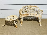 Painted Cast Iron Garden Bench & Side Table