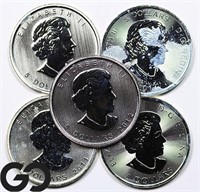 5-coin Lot, Canadian Silver Bullion Coins, 5ounces