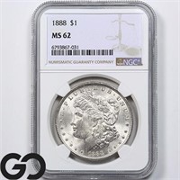 1888 Morgan Silver Dollar, NGC MS62 Guide: 90