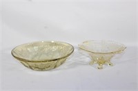 Apple Blossom yellow footed dish,amber depression