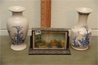 VINTAGE DIORAMA, BLUE AND WHITE VASES