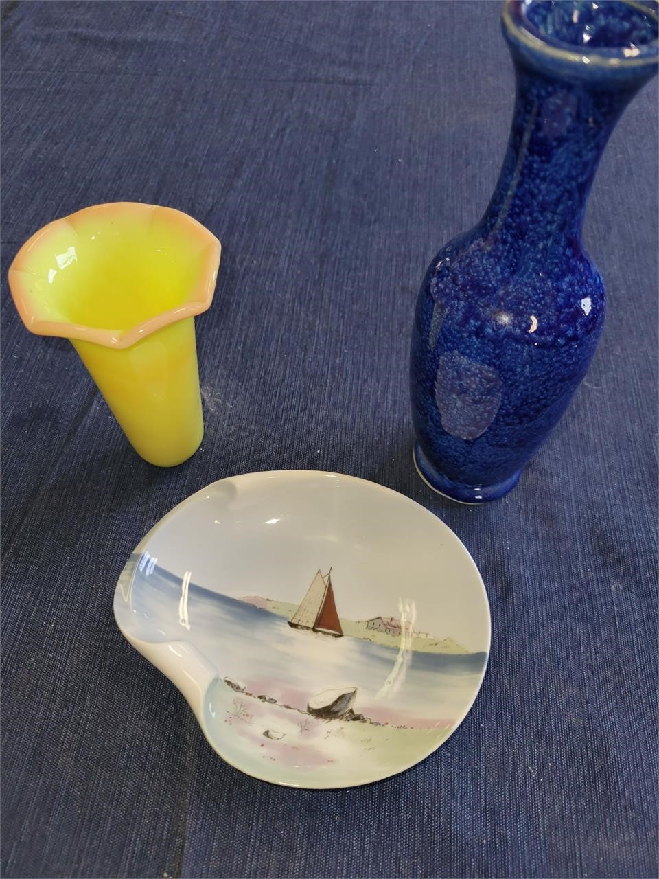 Blue Vase, Yellow Bud Vase, Decorative Dish