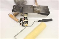 Paint Brushes, Rollers, Steel Mudding Tray Lot