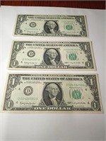 Three Uncirculated 1963 Dollar Bills