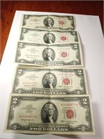 Five Red Seal $2 Bills 1963