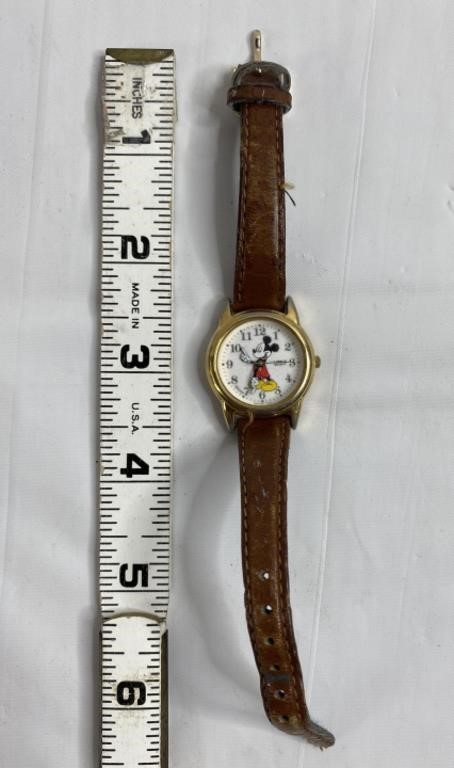Vintage Mickey Mouse Watch W/Brown Strap