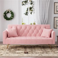 Pink Velvet Futon Sofa Bed  71  2 Pillows