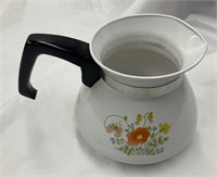 White Enamel Coffee Pot With Flower Print On The