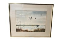 Charles Olsworth Watercolor Ducks Flying Pond