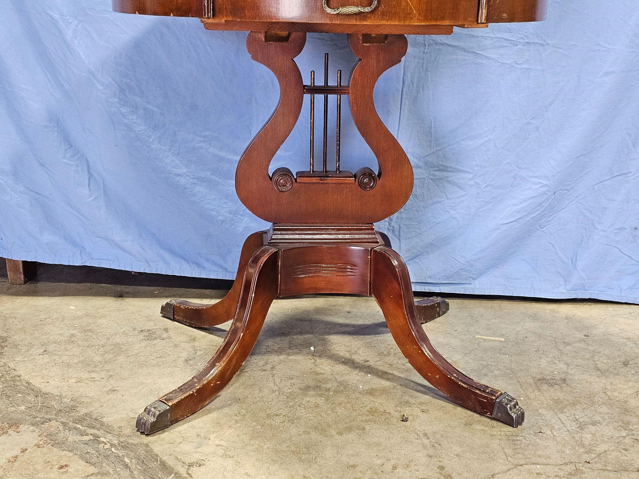 Lyre Drum table with drawer, glass top & skirt 28"