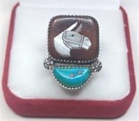 Vintage Sterling Inlaid MOP Horse & Turquoise