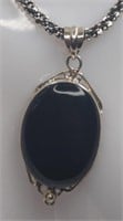 Sterling Vintage Oval Black Onyx Polished Pendant