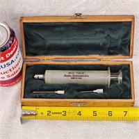 Rare Vintage Mid-century Glass Syringe In Wood Box