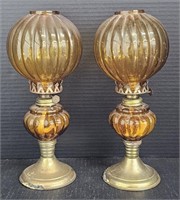 (P) Pair Of Amber Glass Oil Lamps, Each 12"