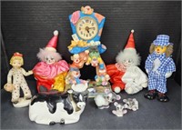 (W) Porcelain Figurines & Clown Clock