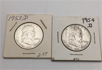 1953- D & 1954- D Franklin Half Dollar