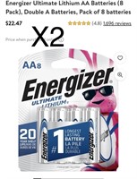 X2 Energizer Ultimate Lithium AA Batteries (8