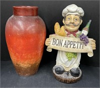 (AN) Pottery Vase & Bon Appetit Chef Statue. Vase