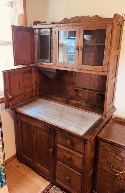 Antique 1906 kitchen oak Hoosier cabinet