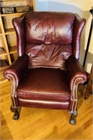 Burgundy leather wing back recliner chair